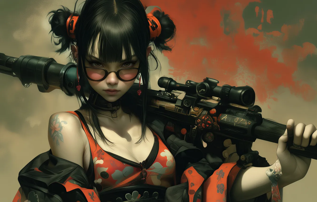 Photo wallpaper girl, gun, fantasy, cleavage, tattoo, sniper, digital art, rifle
