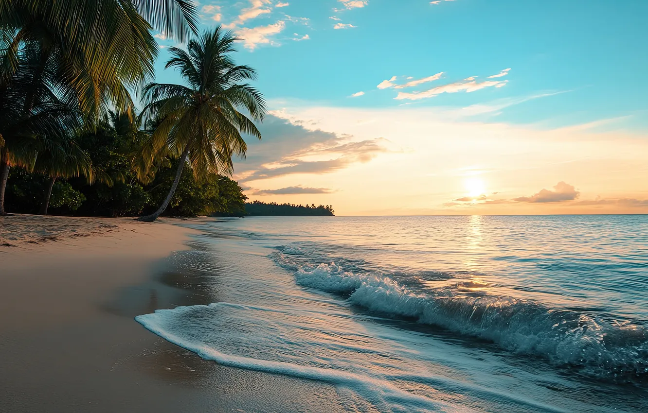 Photo wallpaper sand, wave, beach, the sky, the sun, clouds, landscape, nature