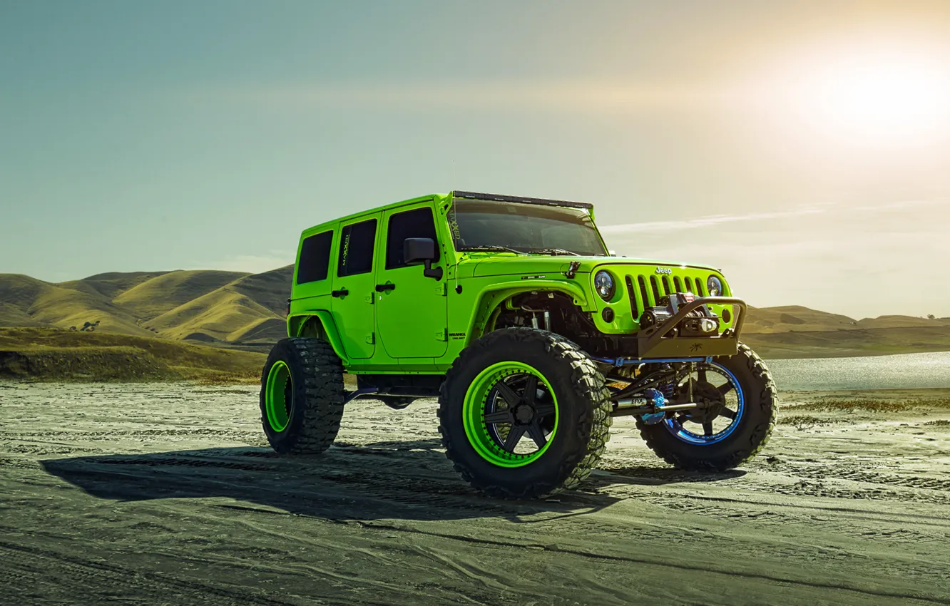 Photo wallpaper Green, Front, Sun, Forged, Custom, Wrangler, Jeep, Wheels