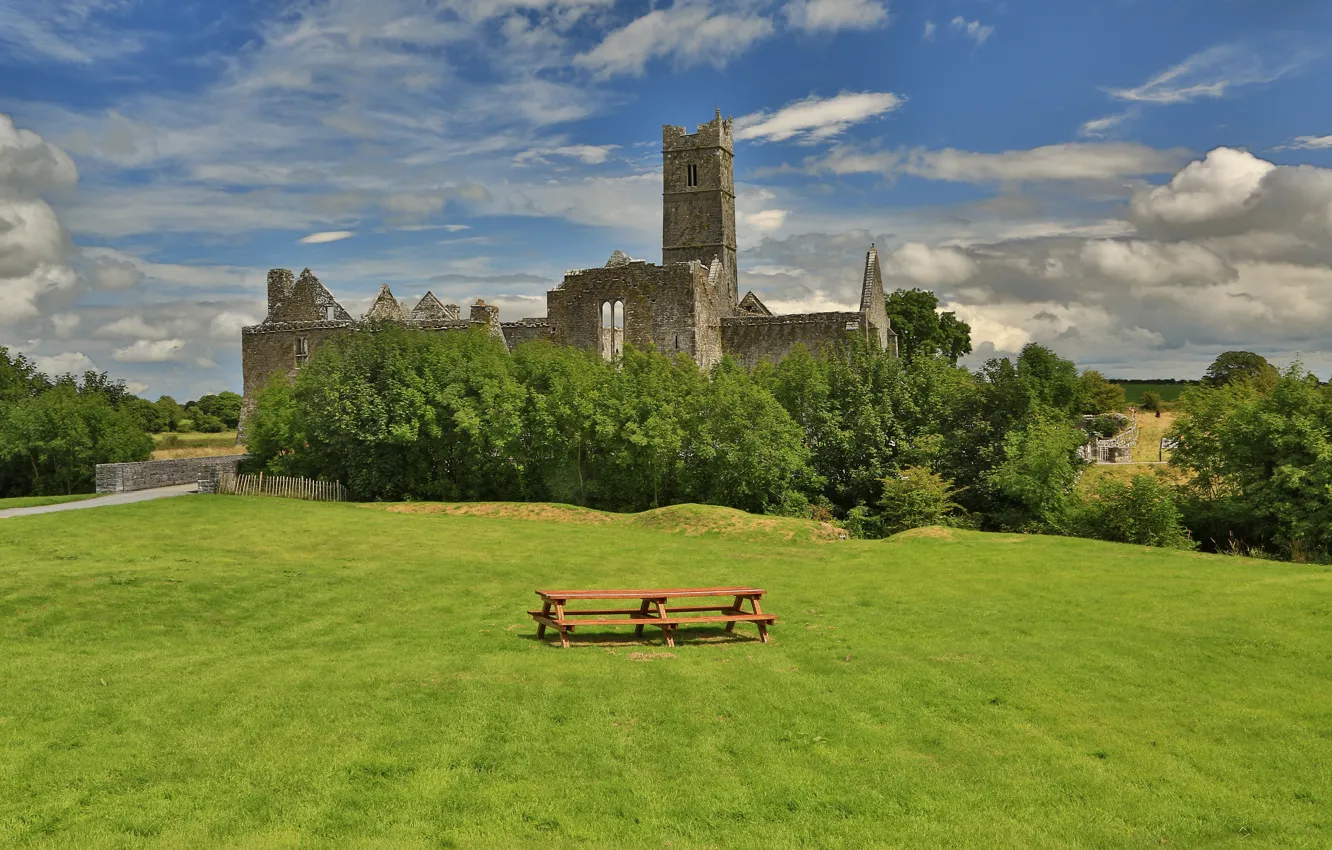 Photo wallpaper table, the ruins, Ireland, benches, lawn, Quinn Abbey, grass.greens