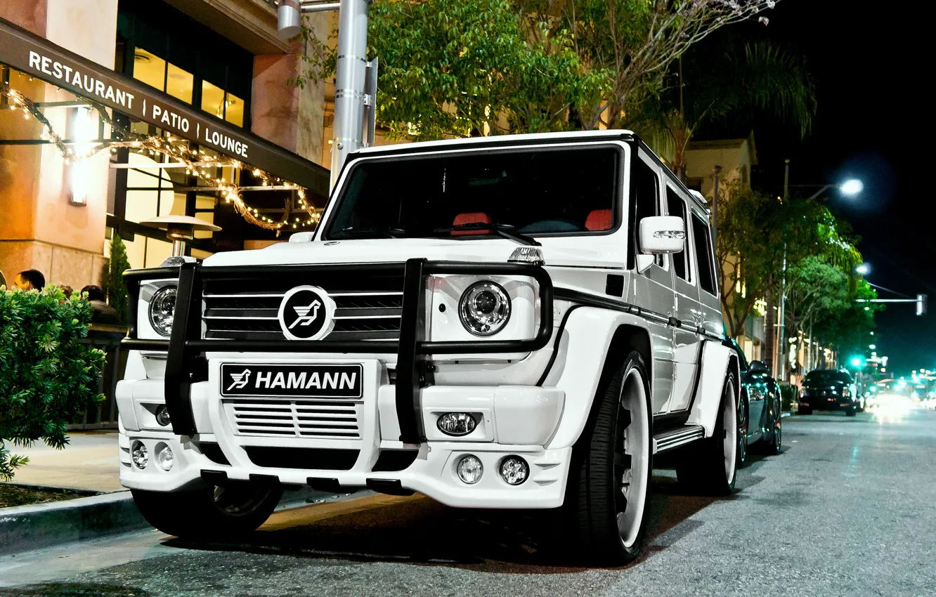 Photo wallpaper Mercedes, white, hamann, tuning, night, street, g55