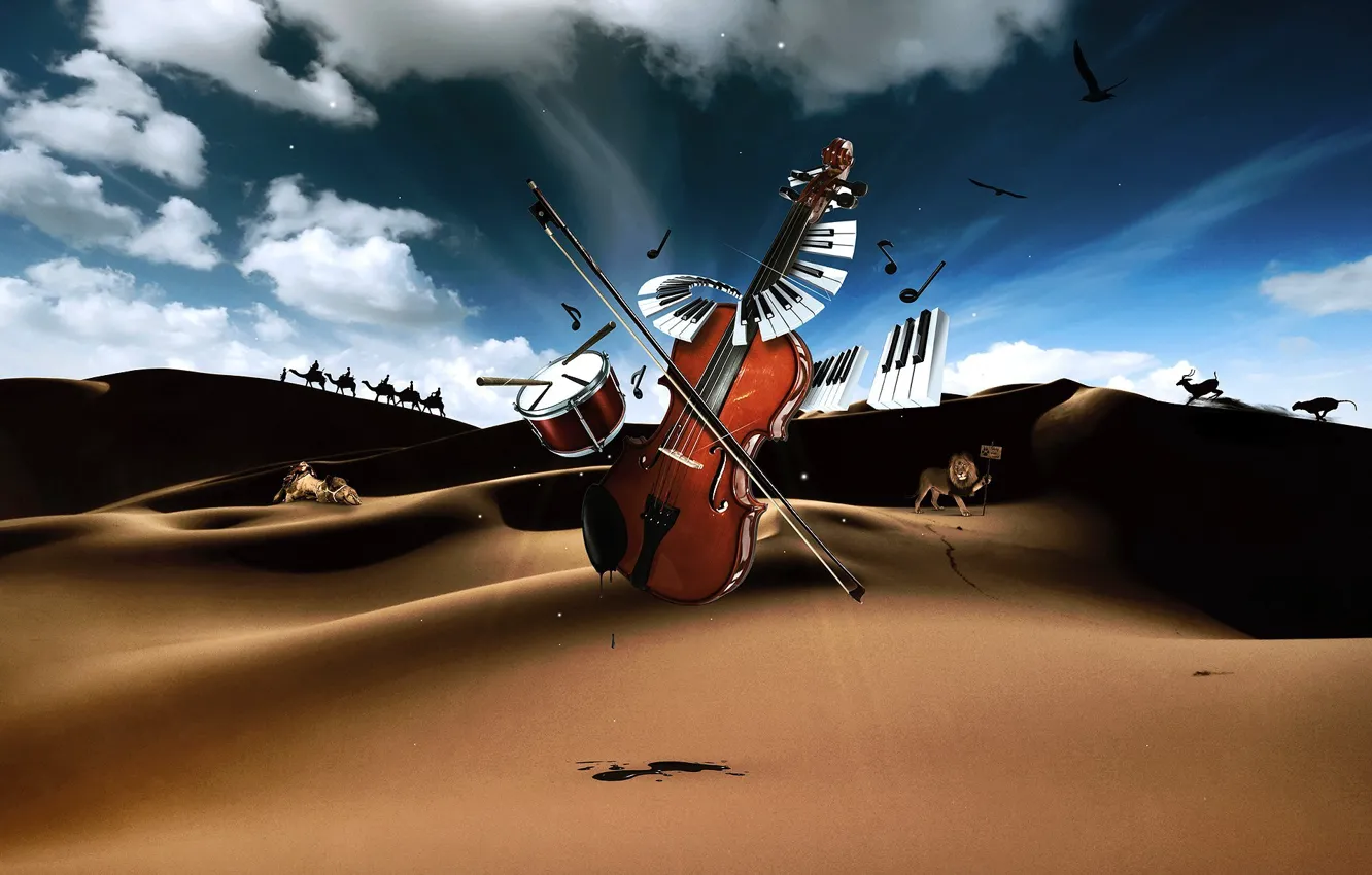Photo wallpaper desert, violin, keys, drum, Musical instruments