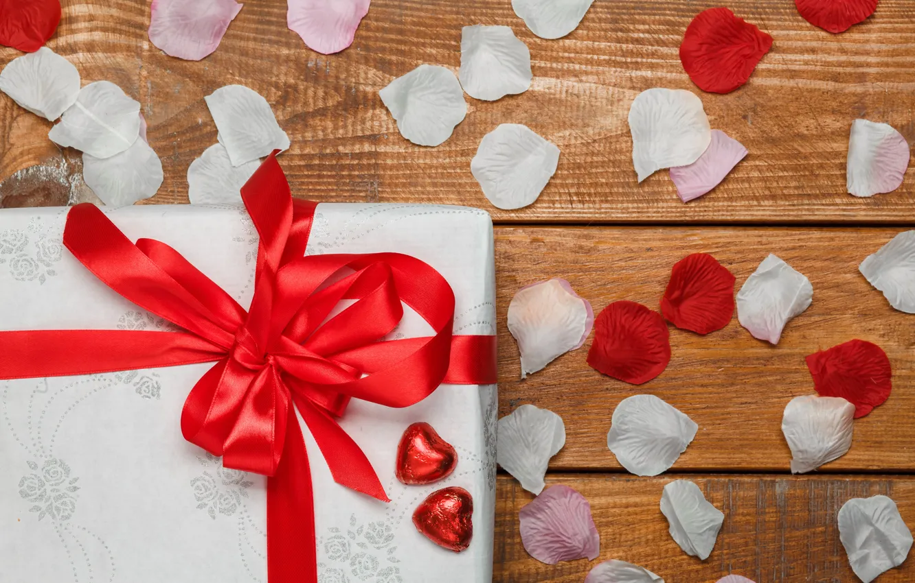 Photo wallpaper Valentine's day, red, flowers, holiday, box, gift, heart, bow