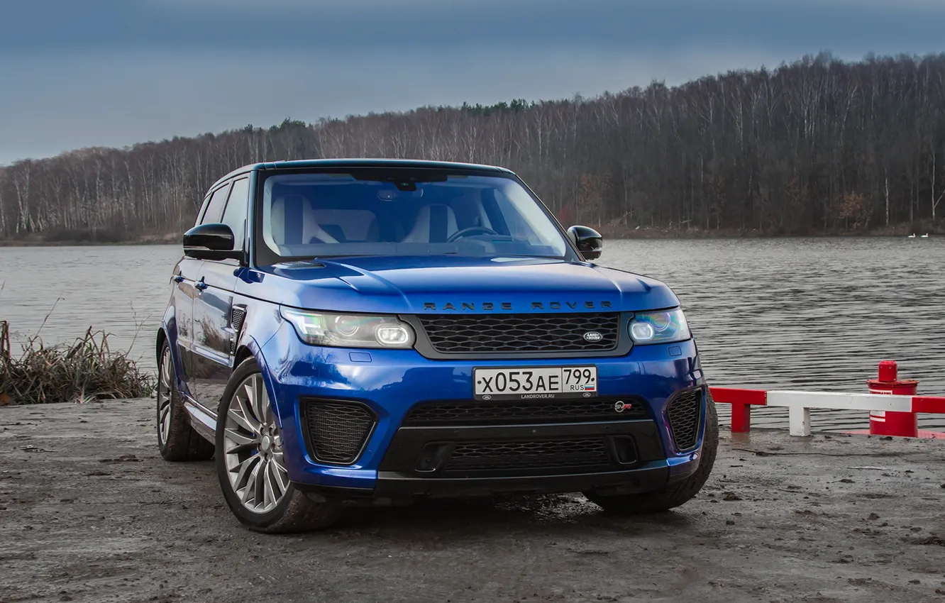 Photo wallpaper car, machine, forest, water, SUV, Range Rover, front, blue car