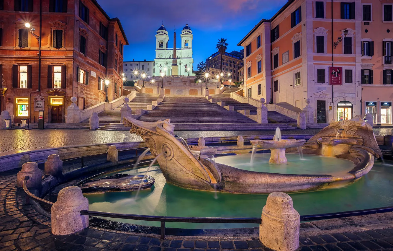 Photo wallpaper night, lights, Rome, Italy, The Spanish steps, the fountain of the old boat