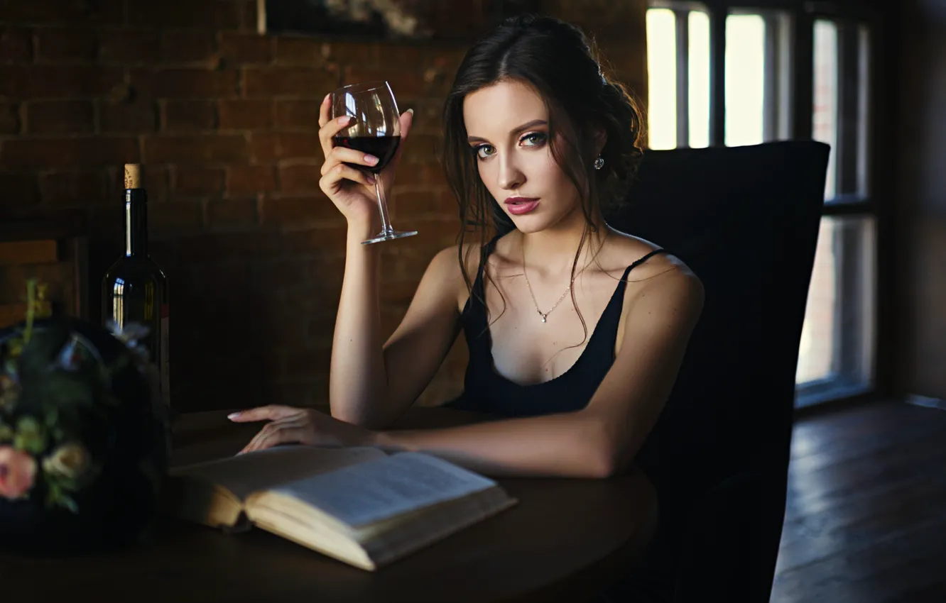 Photo wallpaper look, girl, wine, glass, bottle, neckline, book, Sergey Fat