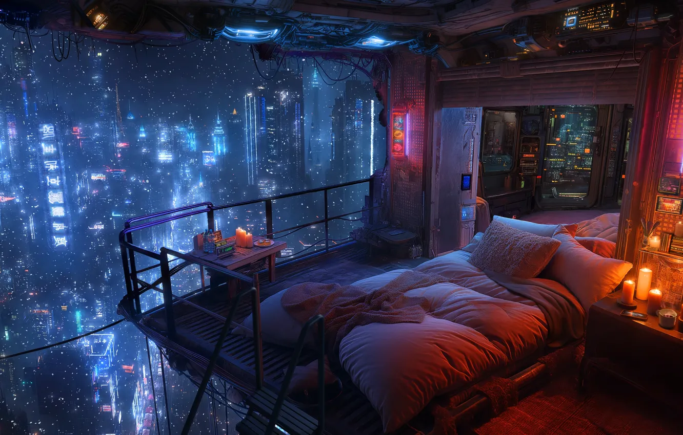 Photo wallpaper city, lights, night, view, sofa, cyberpank