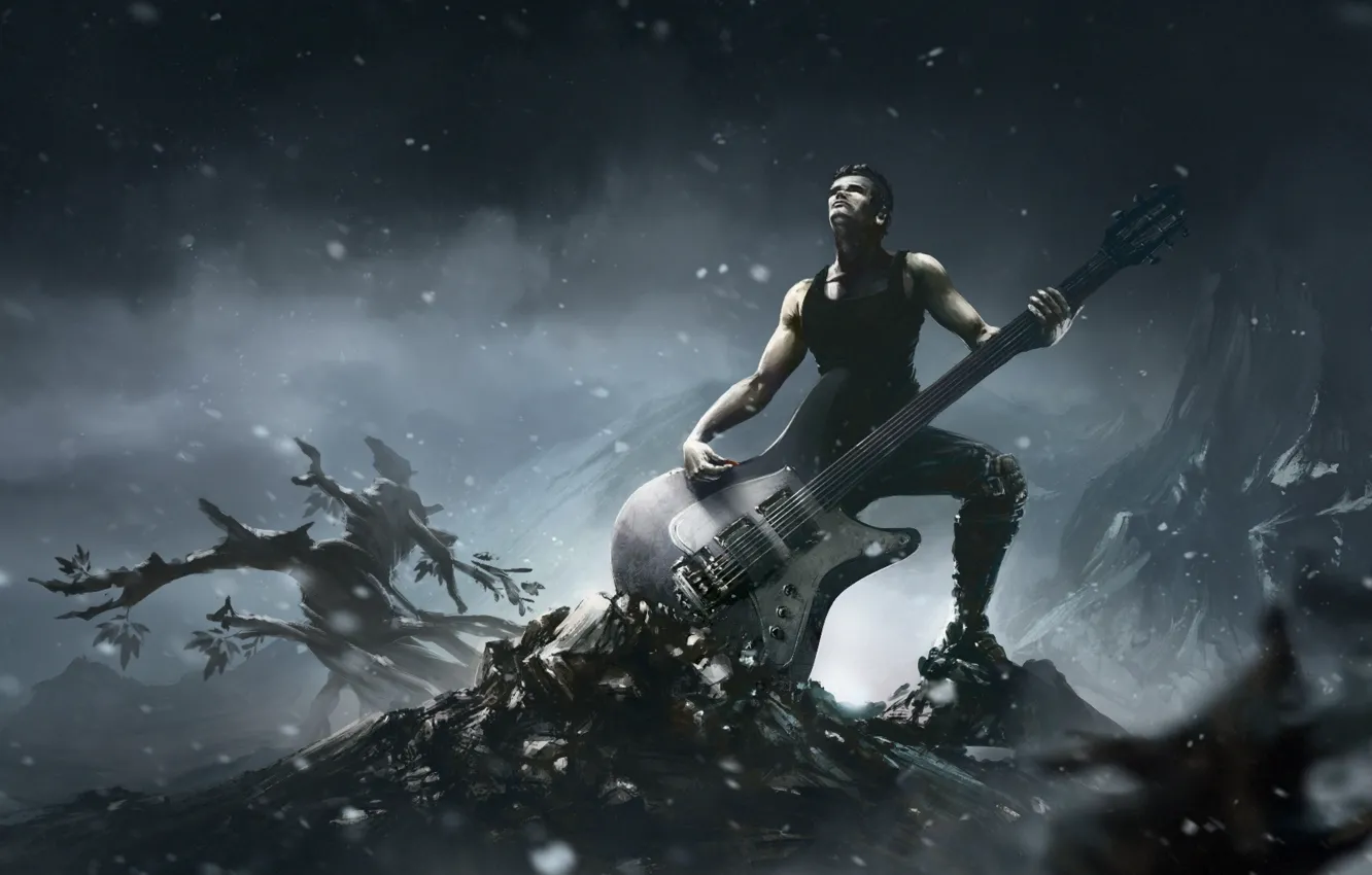 Photo wallpaper snow, stones, guitar, guitarist, Sounds