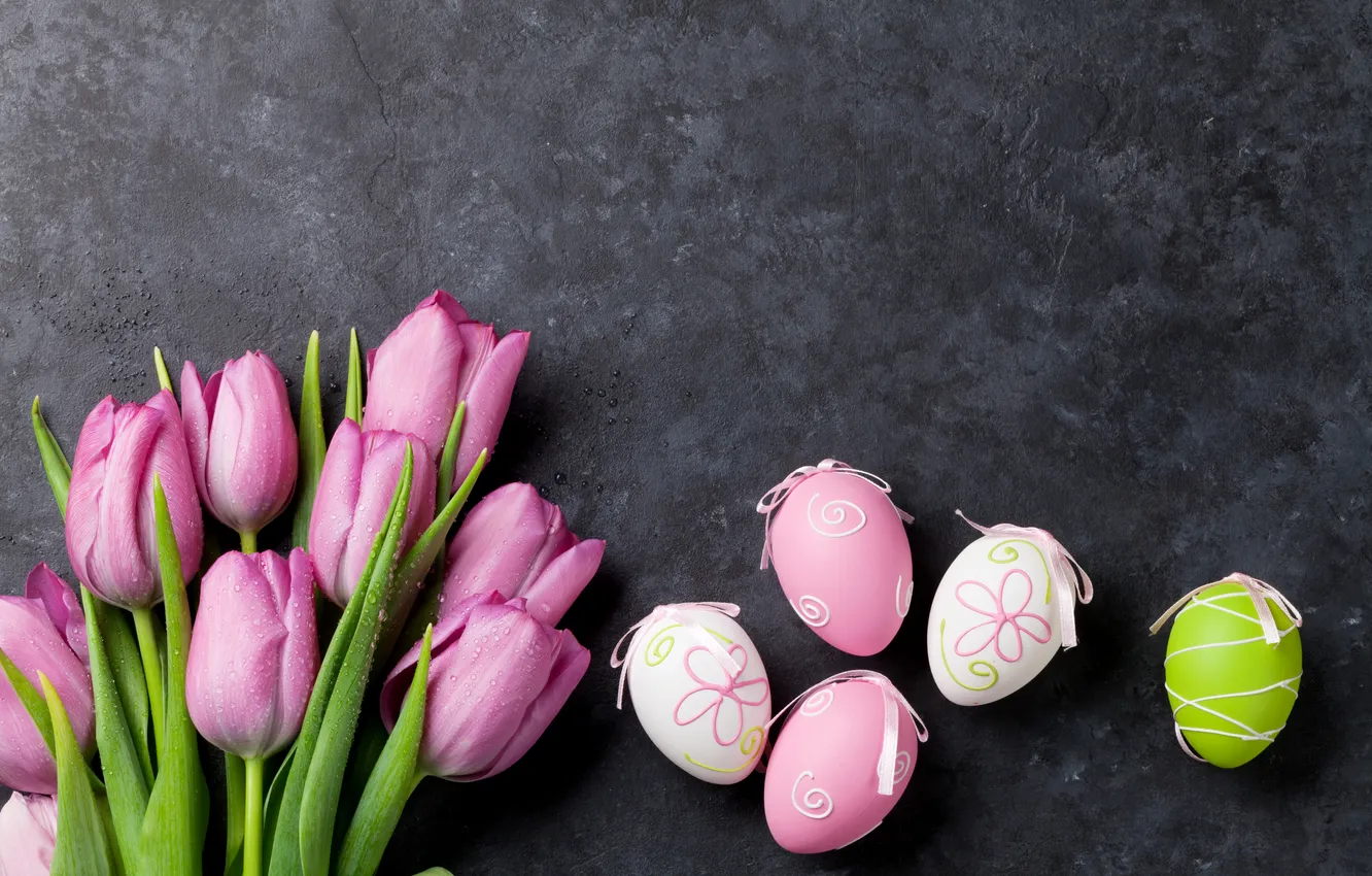 Photo wallpaper flowers, eggs, spring, Easter, tulips, pink, flowers, tulips