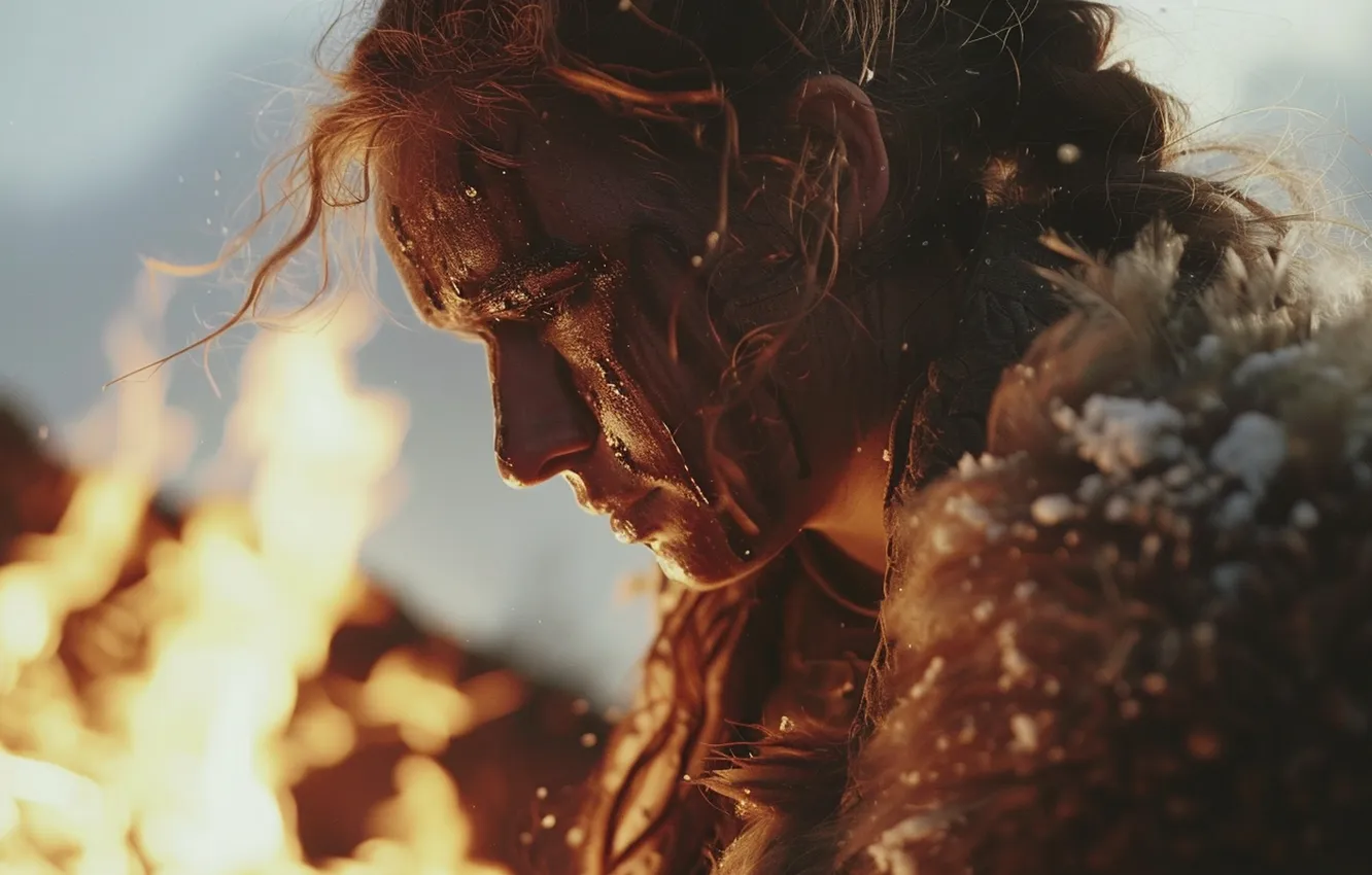 Photo wallpaper closeup, warrior, neural network, girl, The Vikings, lights, digital art, side