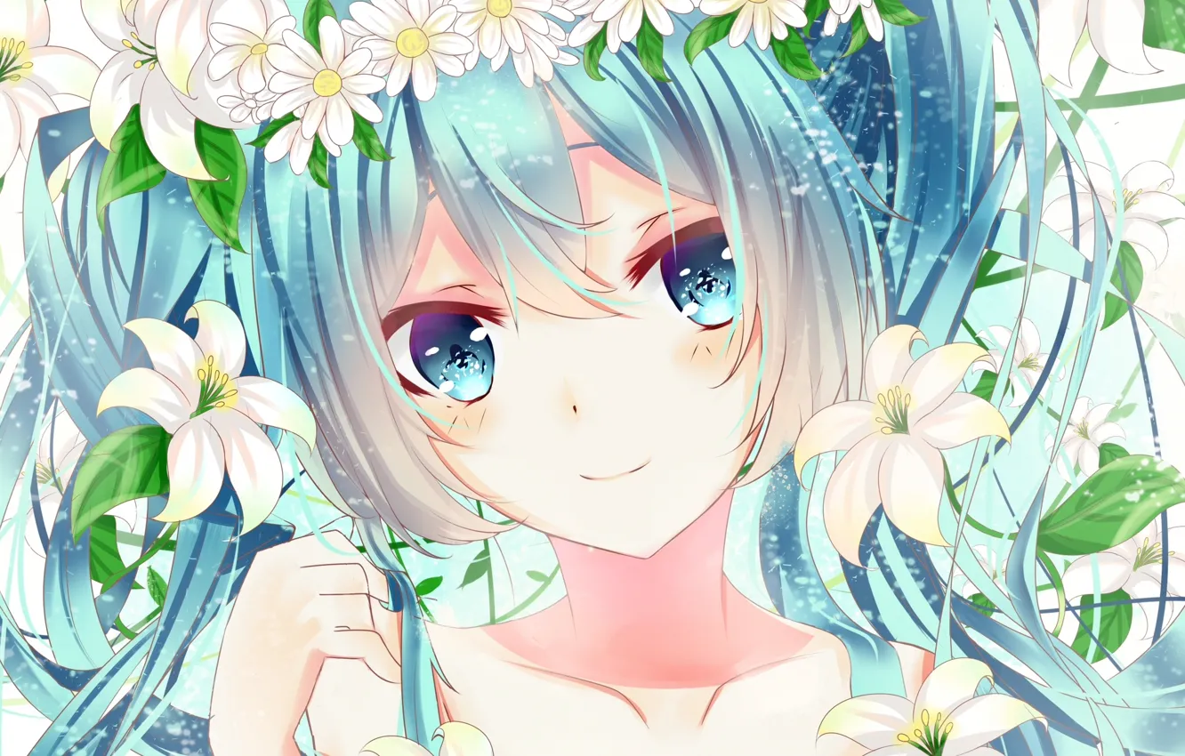 Photo wallpaper girl, flowers, smile, chamomile, anime, art, vocaloid, hatsune miku