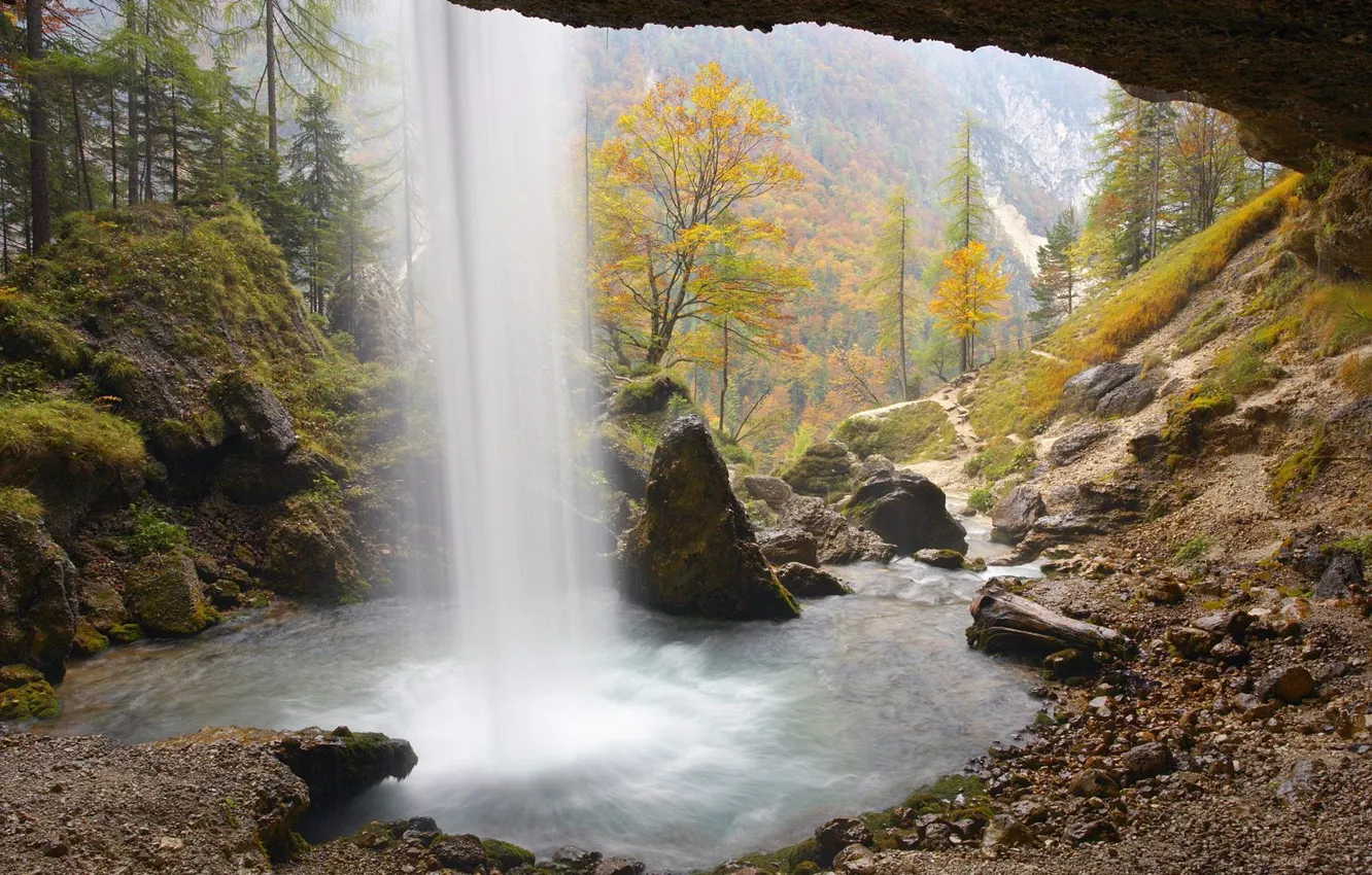 Photo wallpaper mountains, stones, waterfall, stream