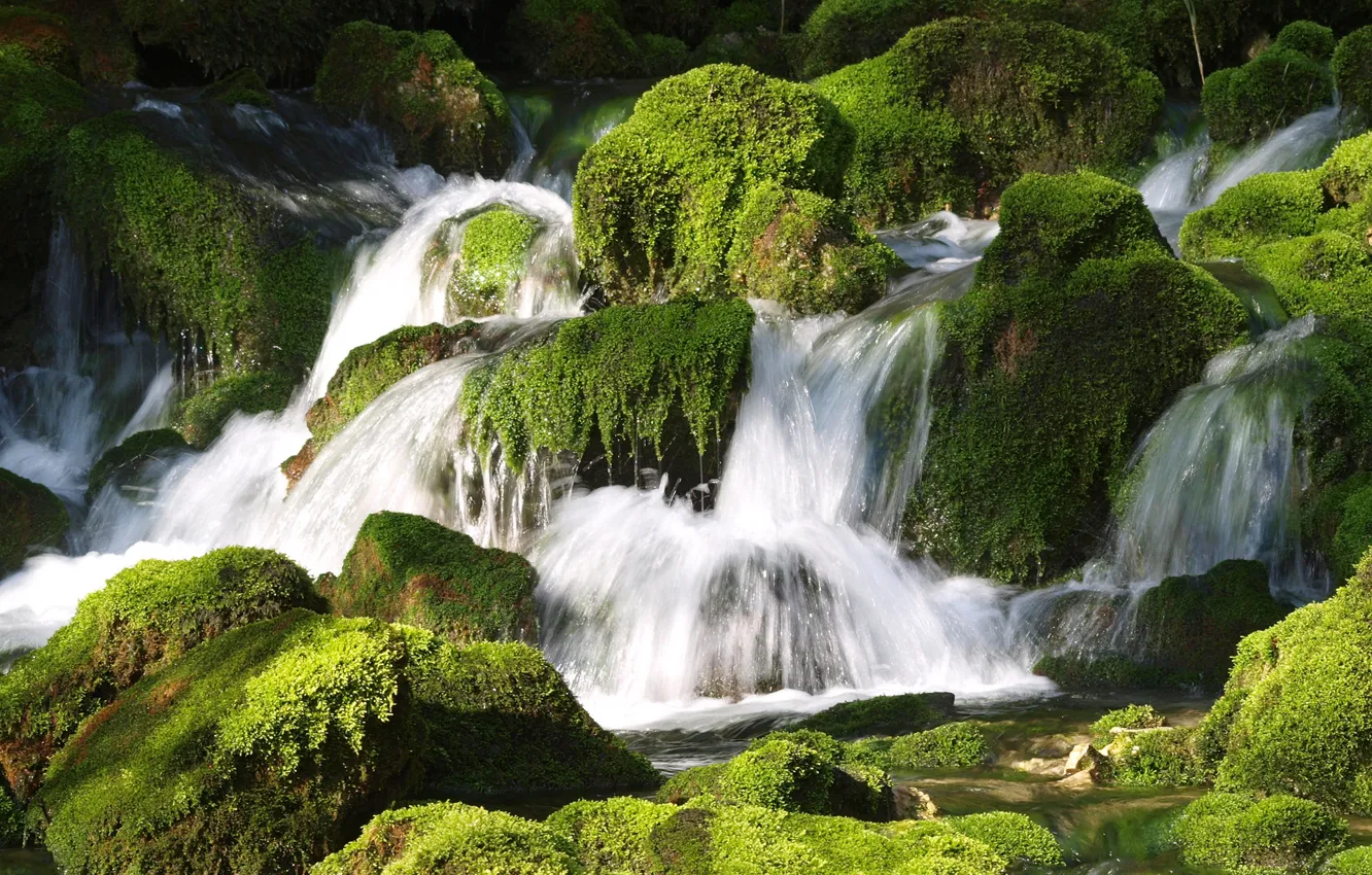 Photo wallpaper water, stones, waterfall, moss, thresholds