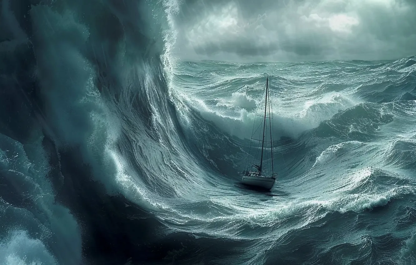 Photo wallpaper sea, wave, storm, yacht, digital art, AI art, The Art of Artificial Intelligence, The Bermuda …