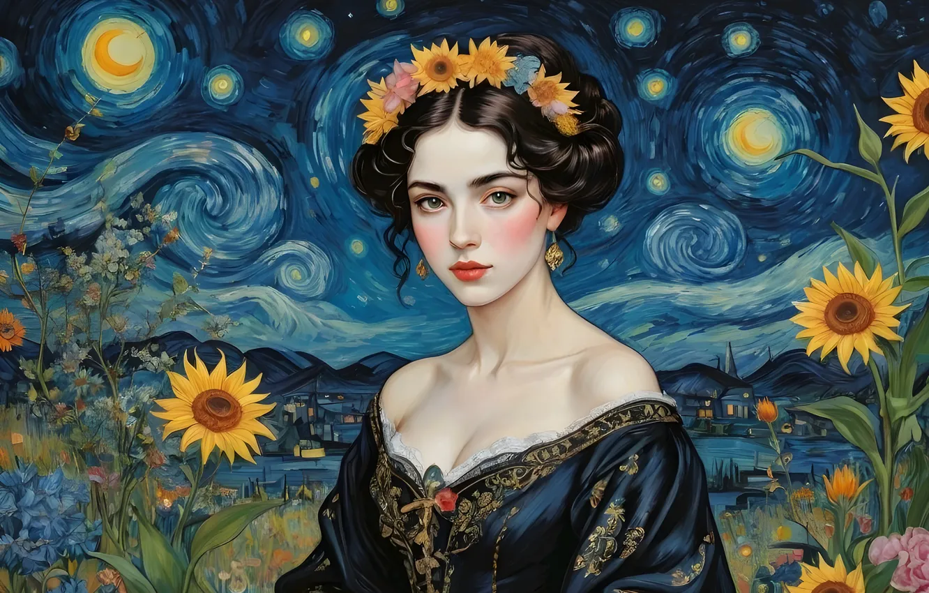 Photo wallpaper look, girl, pose, portrait, imitation painting, AI art, neural network
