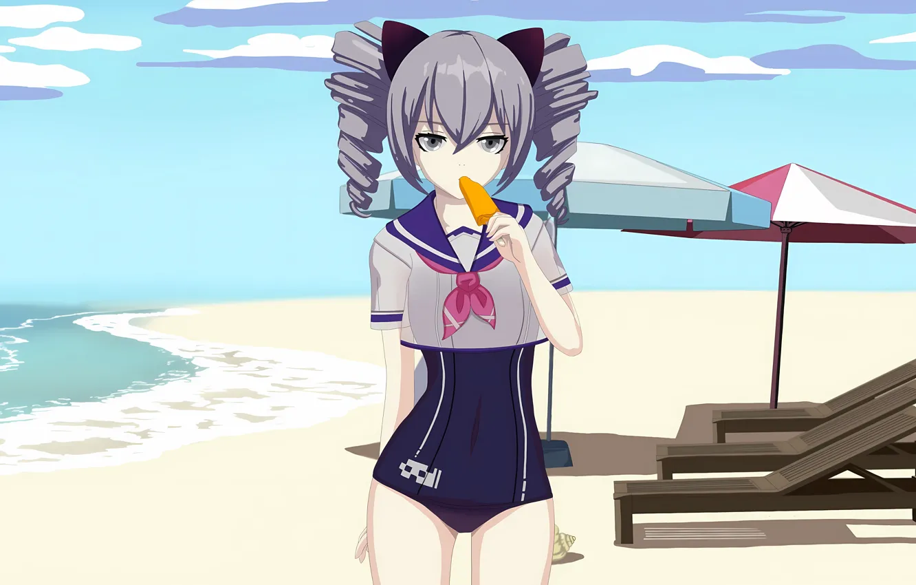 Photo wallpaper girl, sexy, beach, sea, anime, water, beautiful, twintails