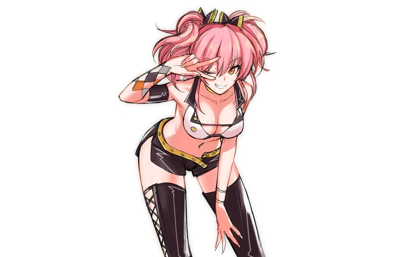 Photo wallpaper girl, sexy, cleavage, shorts, blouse, thighhighs, pink hair, boobs