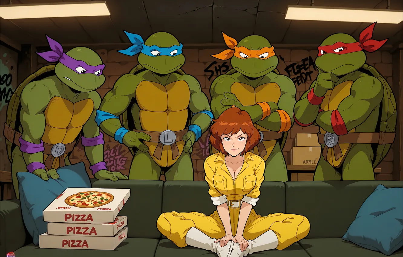 Photo wallpaper pizza, Raphael, Leonardo, Donatello, Teenage Mutant Ninja Turtles, Michelangelo, April O'neil, AI Art