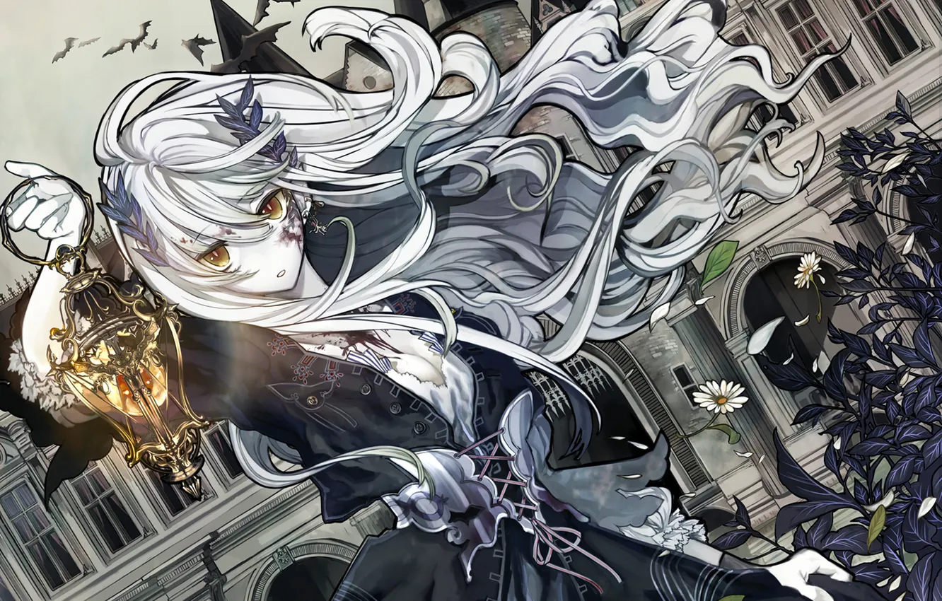 Photo wallpaper girl, castle, the wind, bird, lights