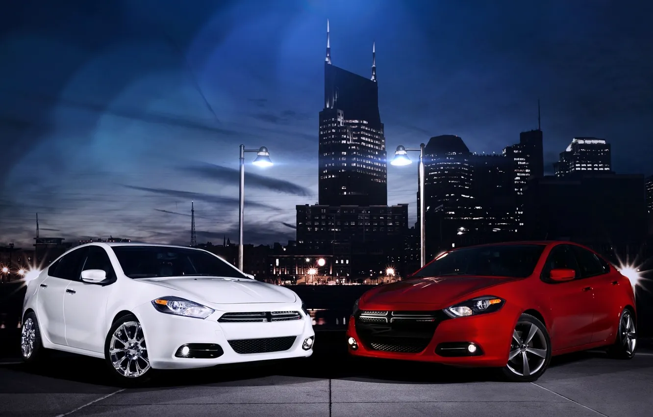 Photo wallpaper white, the sky, night, red, building, Dodge, sedan, Dodge