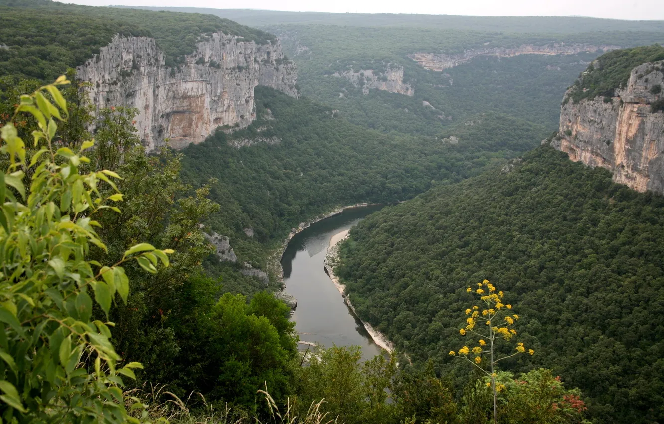 Photo wallpaper mountains, river, rocks, France, Alps, panorama, gorge, the view from the top