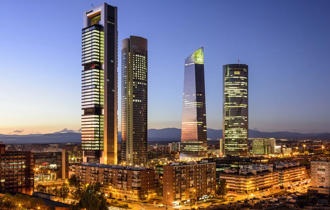 Photo wallpaper the sky, mountains, the city, lights, dawn, view, home, skyscrapers