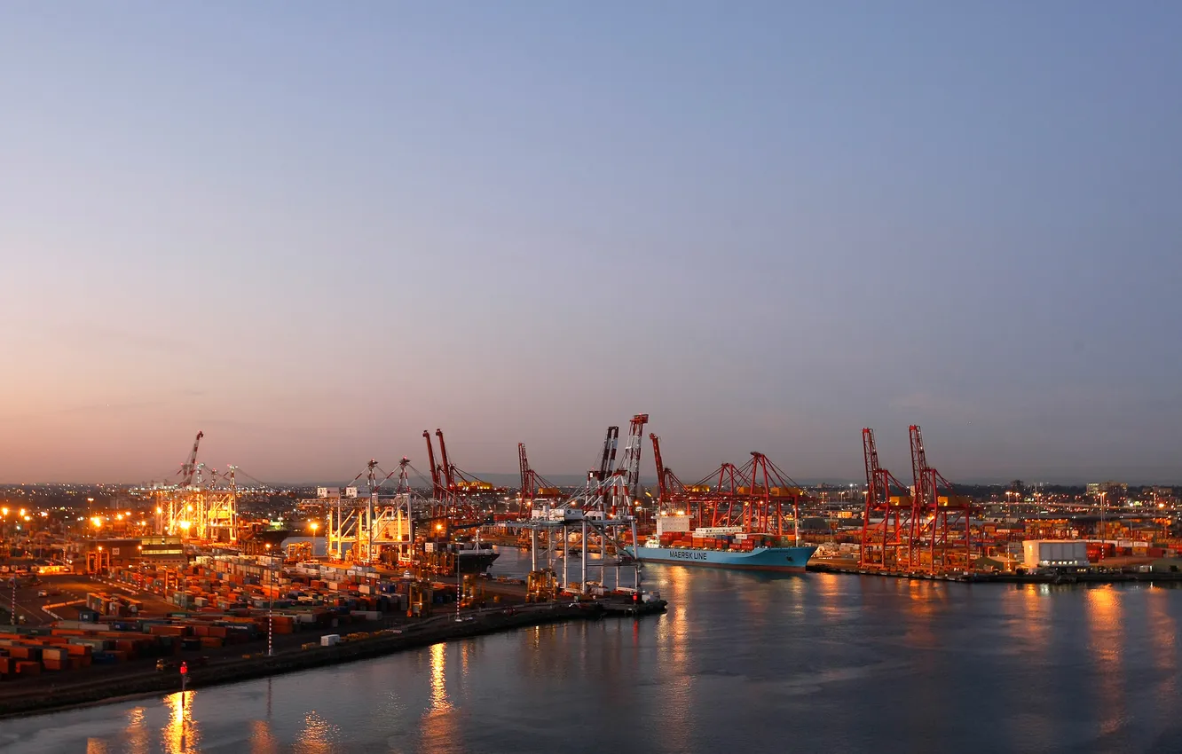 Photo wallpaper ship, Marina, ships, crane, the evening, port, port, cranes