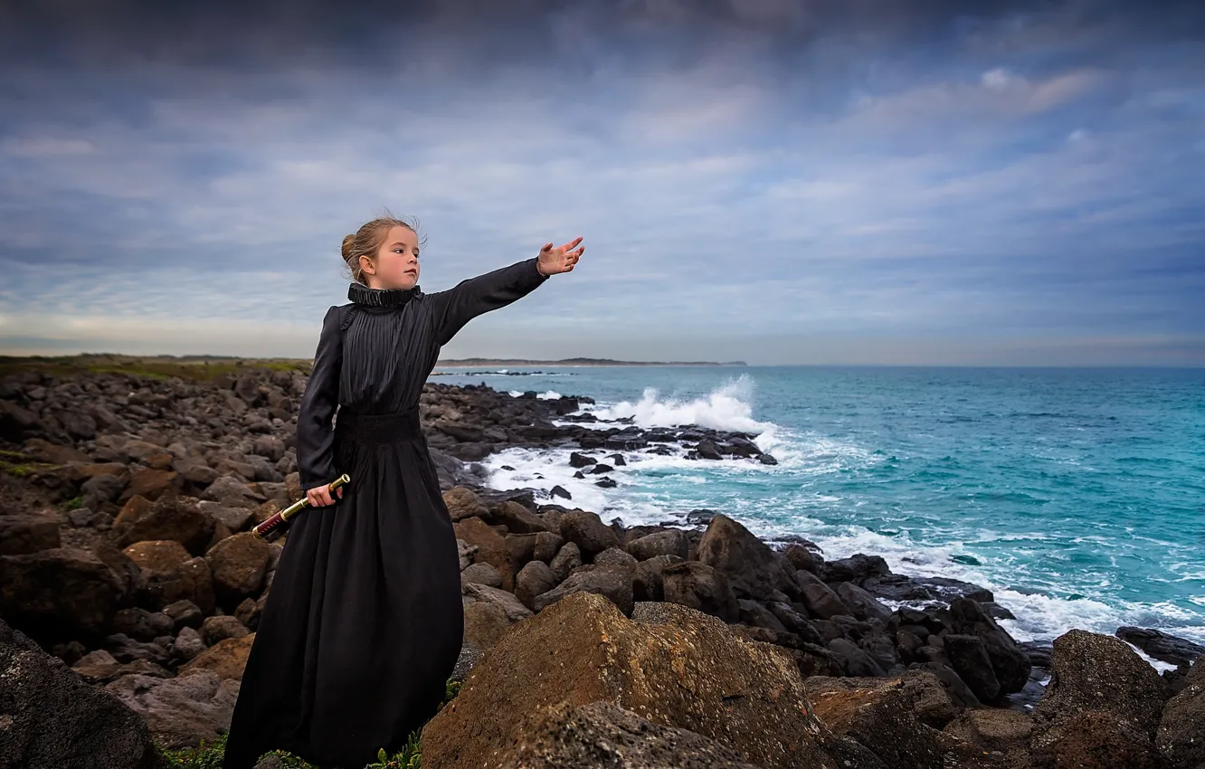Photo wallpaper sea, stones, coast, dress, girl, waiting, spyglass