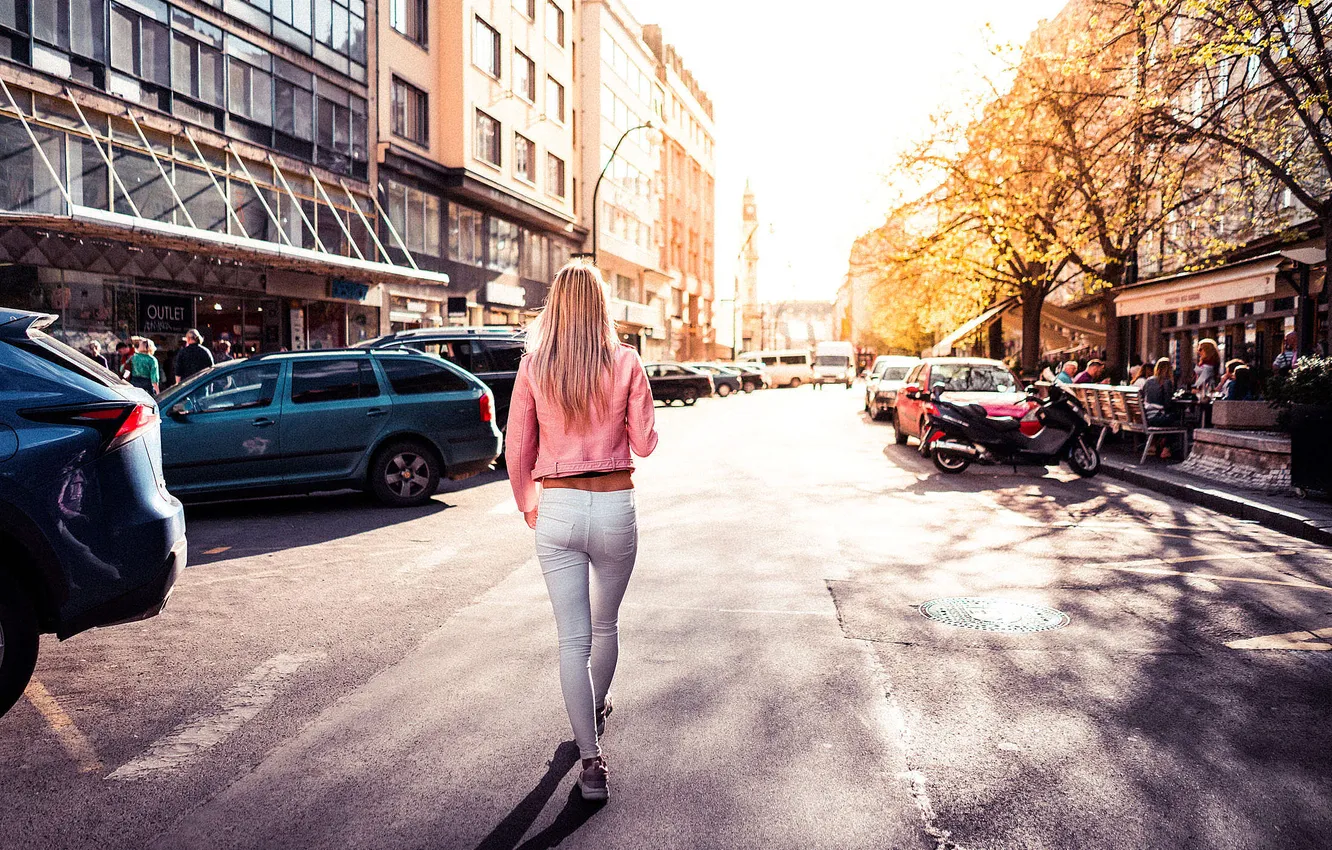 Photo wallpaper leather jacket, the city, street, Prague, girl, long hair, white jegins, back