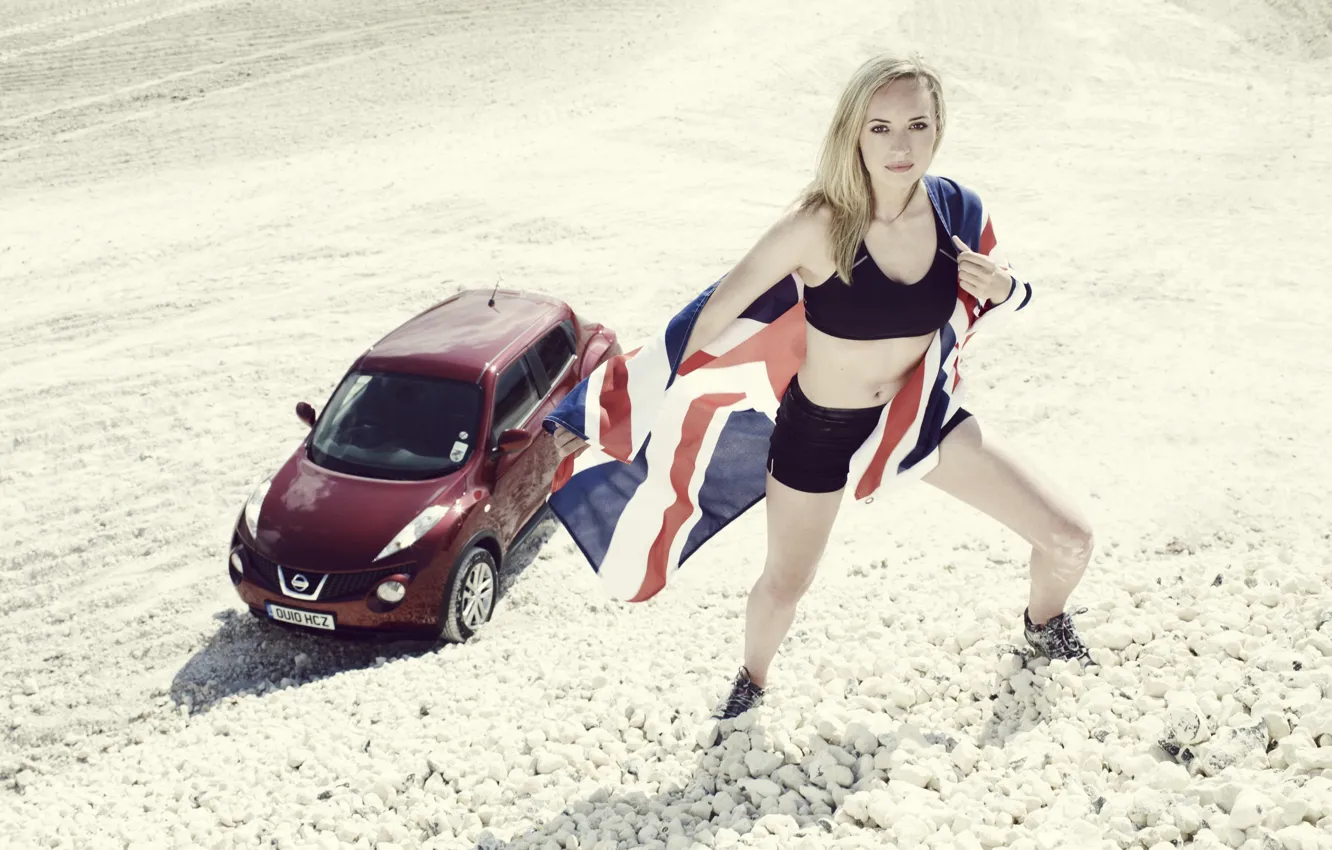 Photo wallpaper auto, look, girl, flag, blonde, Nissan, Bonita Norris