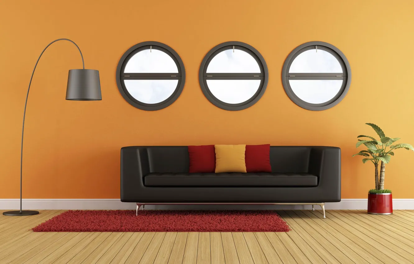 Photo wallpaper design, style, plant, lamp, interior, living room, warm orange, dark sofa