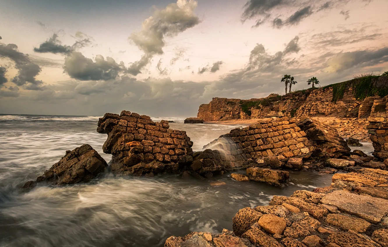 Photo wallpaper sea, the sky, clouds, stones, palm trees, rocks, coast, horizon