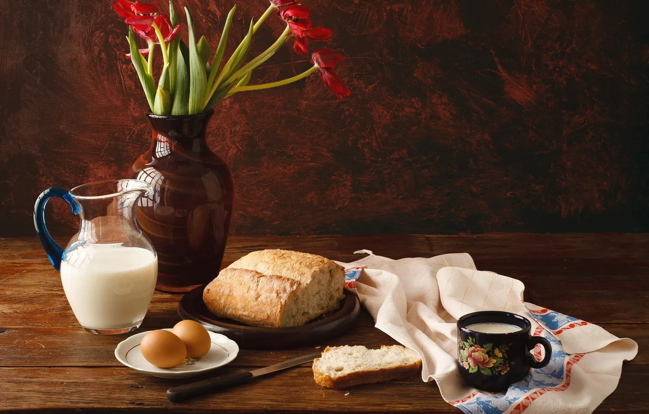 Photo wallpaper eggs, Breakfast, milk, bread, tulips, still life
