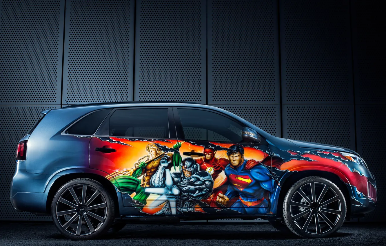 Photo wallpaper side view, Kia, crossover, 2014, Sorento, Justice League