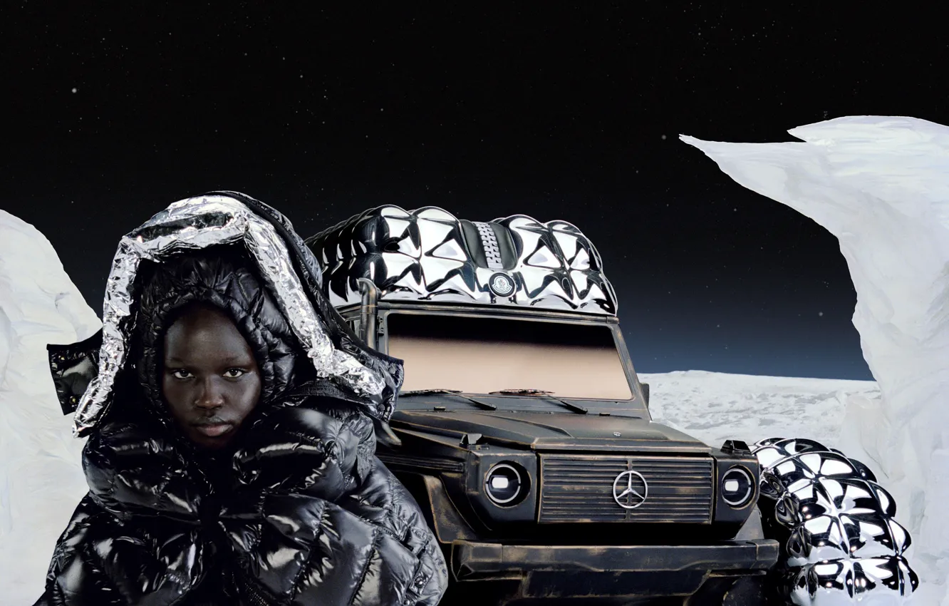 Photo wallpaper ice, winter, look, girl, snow, Mercedes-Benz, Mercedes, black woman