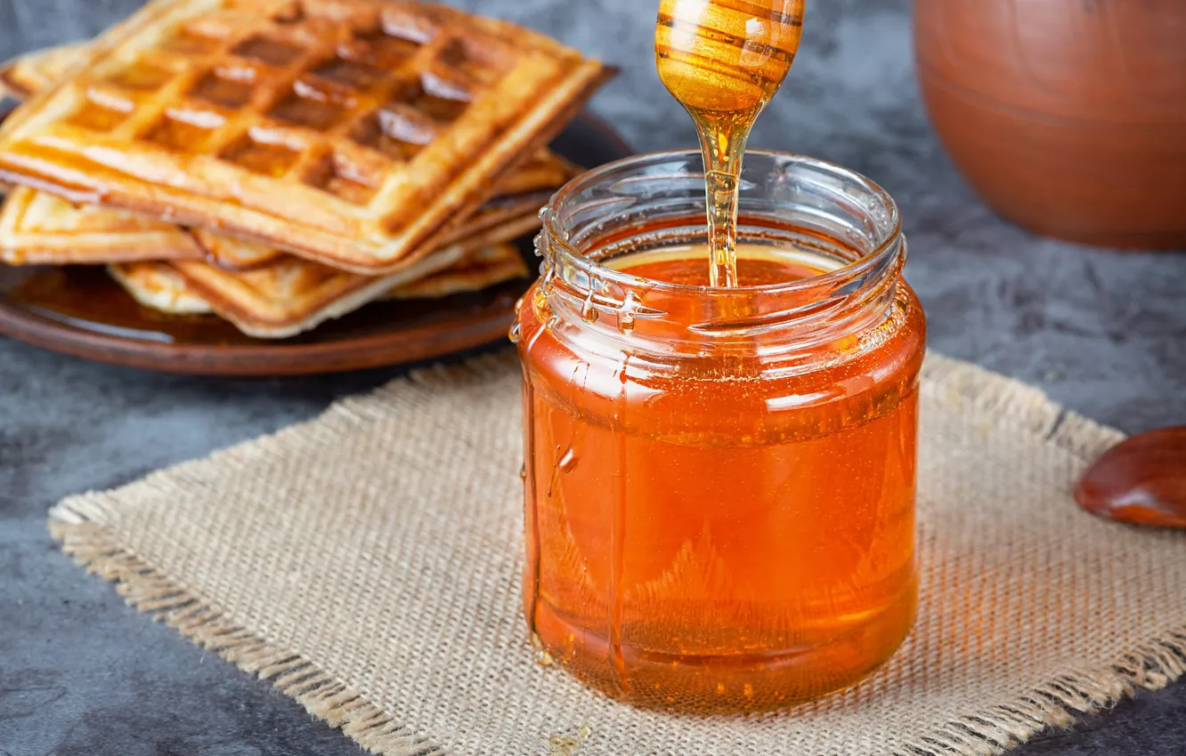 Photo wallpaper glass, table, honey, Bank, jet, burlap, waffles, saucer