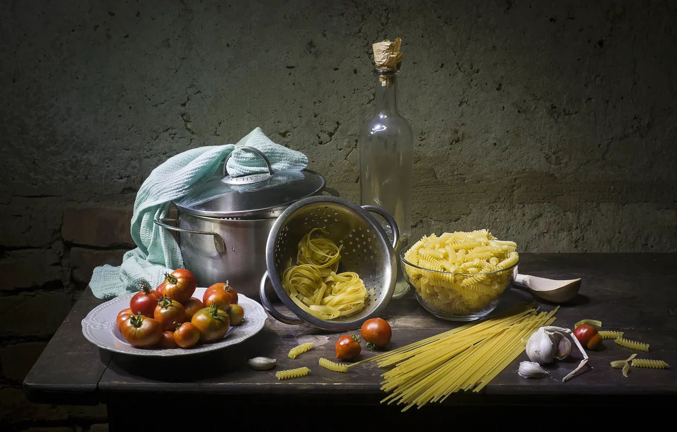 Photo wallpaper table, bottle, dishes, pan, still life, horn, tomatoes, pasta