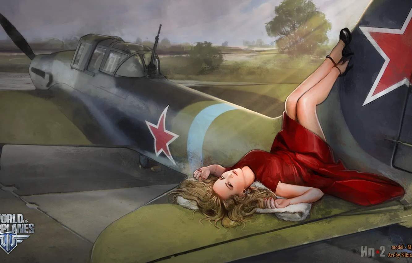 Photo wallpaper girl, dress, girl, the plane, aviation, air, MMO, Wargaming.Net