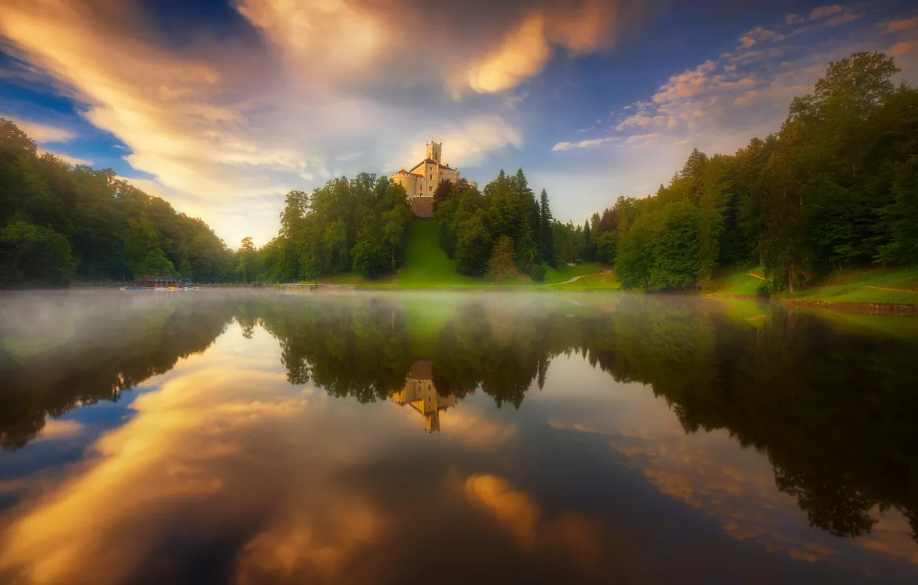Photo wallpaper landscape, sunset, nature, fog, lake, reflection, castle, dawn