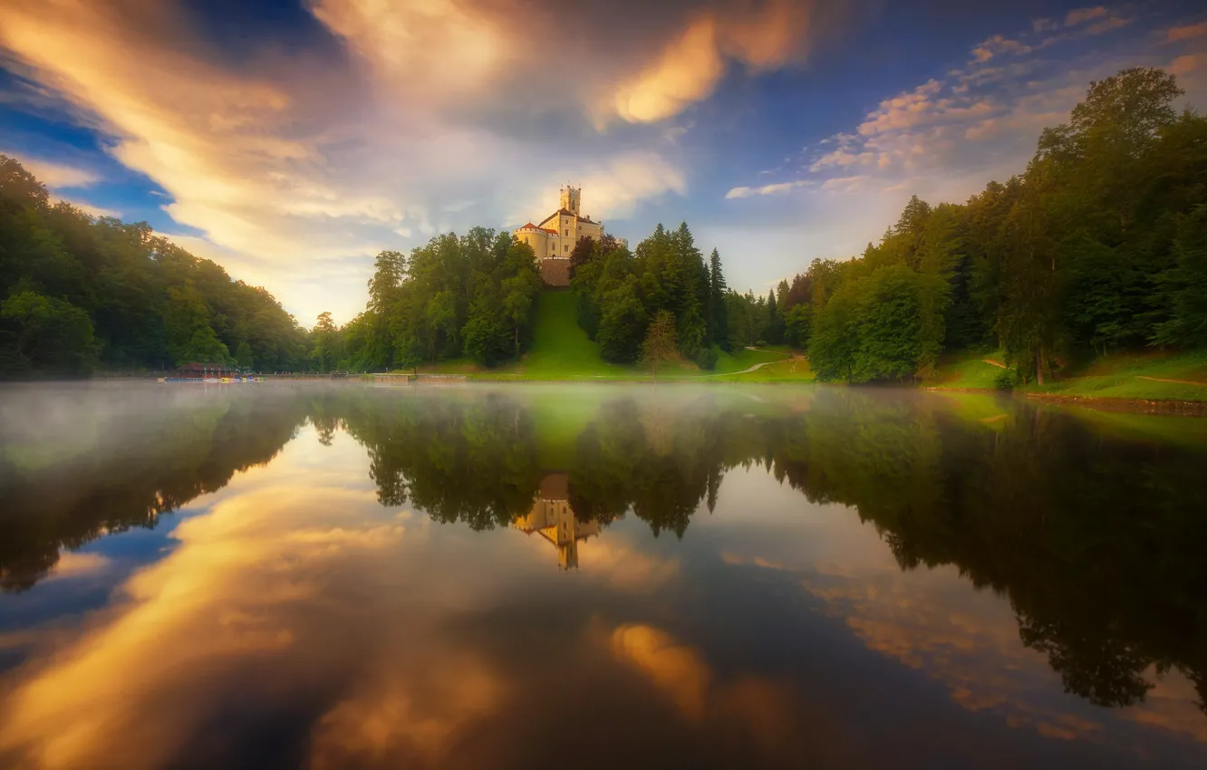 Photo wallpaper forest, landscape, sunset, nature, fog, lake, reflection, castle