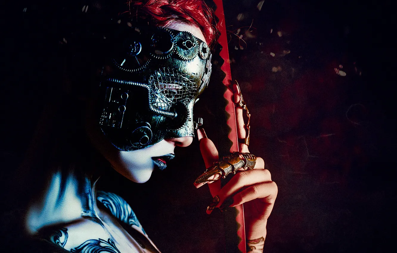 Photo wallpaper girl, face, style, hand, mask, tattoo, cyberpunk, Ruslan Bolgov