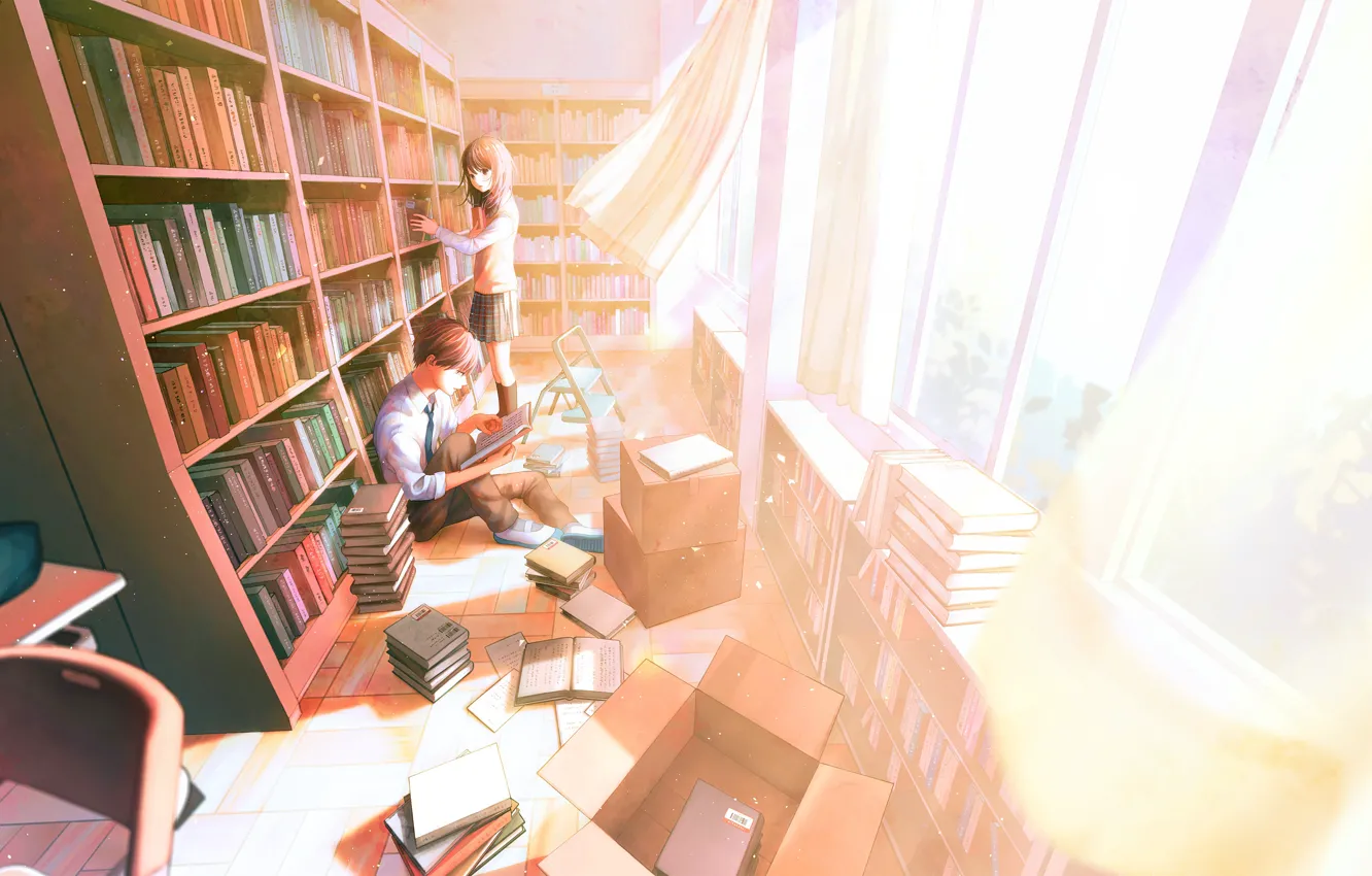 Photo wallpaper girl, library, guy, students