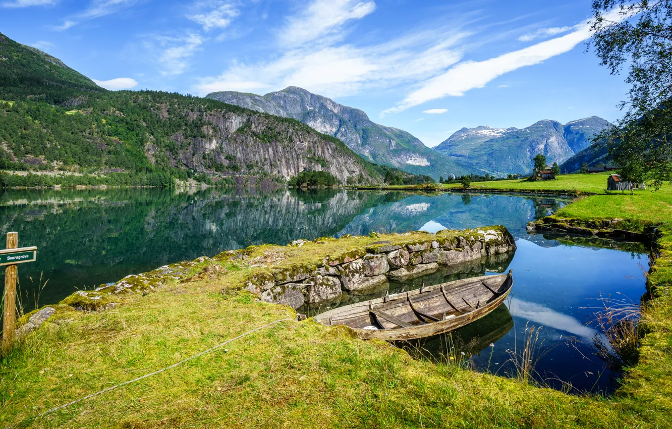Photo wallpaper water, mountains, boat, Norway, Norway, the fjord, Sogn og Fjordane, Stryn