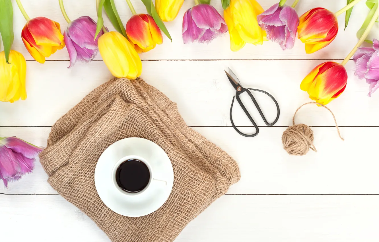 Photo wallpaper flowers, coffee, spring, colorful, tulips, fresh, wood, flowers