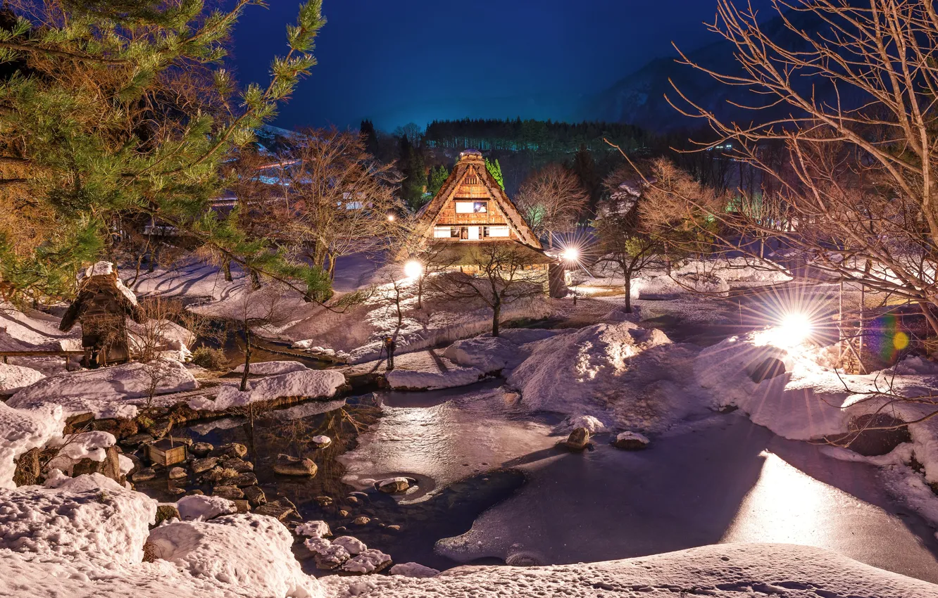 Photo wallpaper winter, snow, night, lights, river, home, village