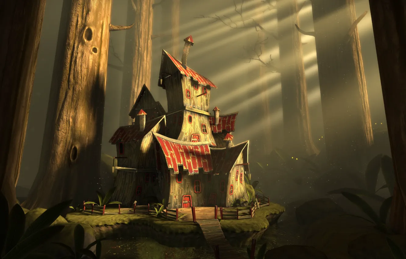 Photo wallpaper forest, rays, trunk, house, A small hut in the big forest