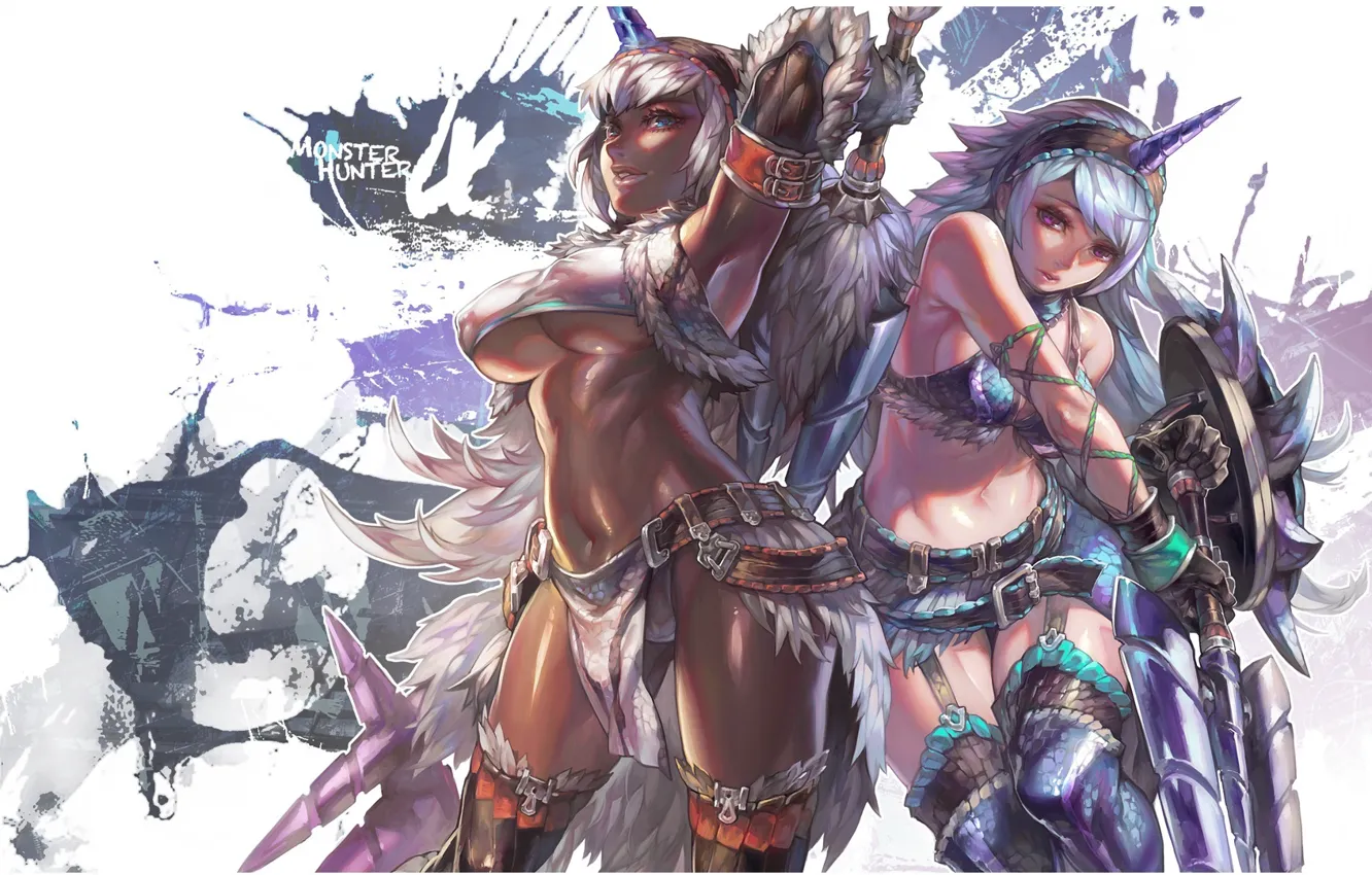 Photo wallpaper two, sword, stockings, horns, gloves, fur, game, shield