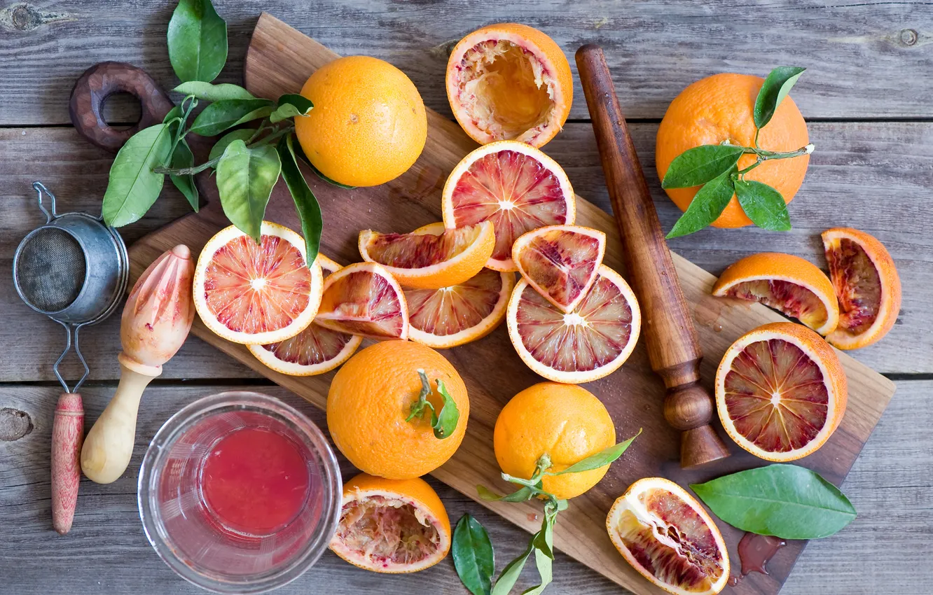 Photo wallpaper leaves, oranges, juice, Board, fruit, citrus, tangerines, Anna Verdina
