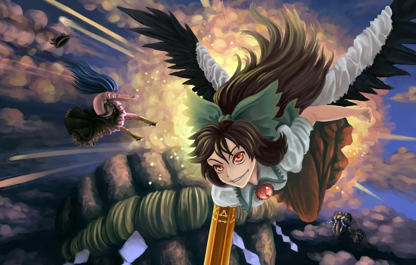Photo wallpaper the sky, girl, clouds, the explosion, wings, art, touhou, No Longer Meet The Hinanawi