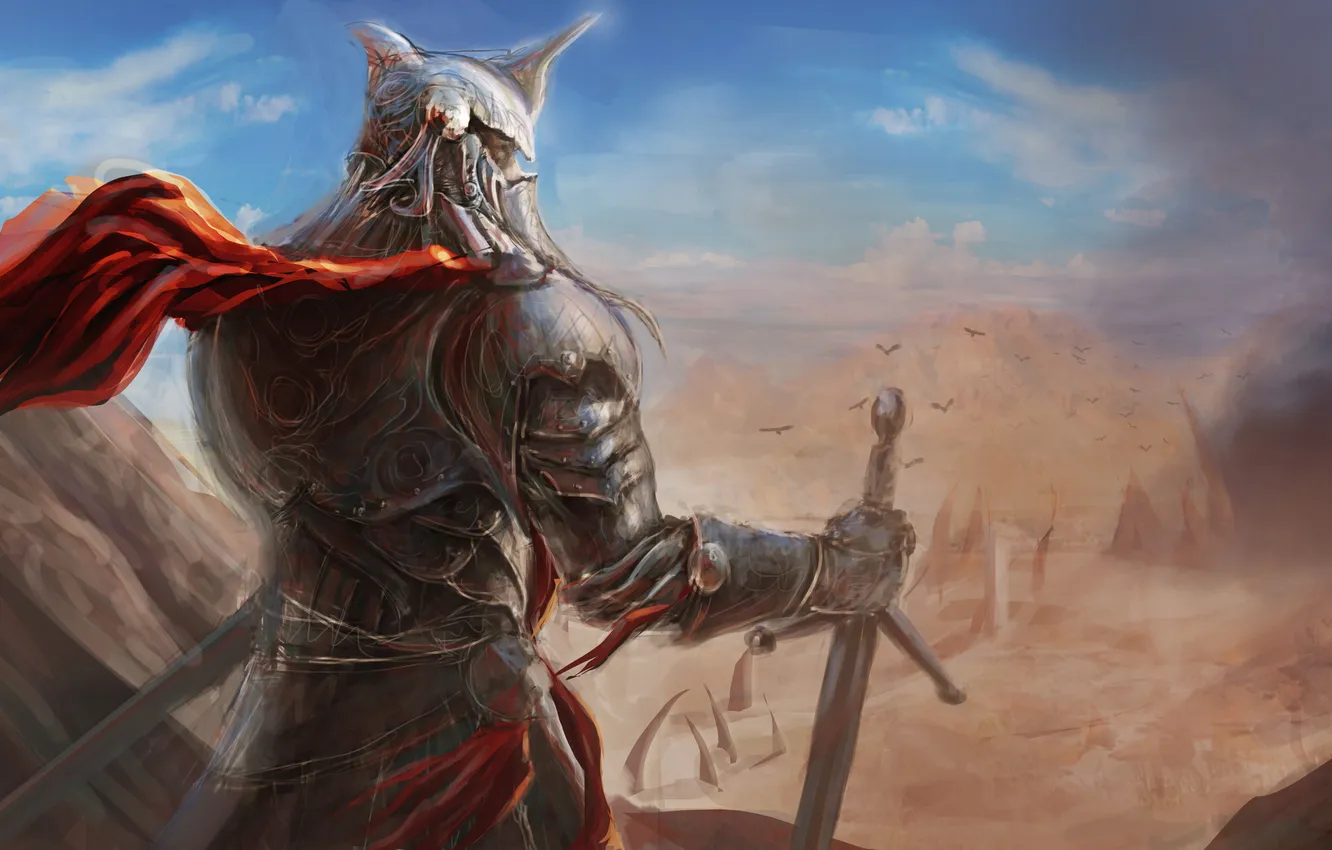 Photo wallpaper red, sword, warrior, art, cloak, armor